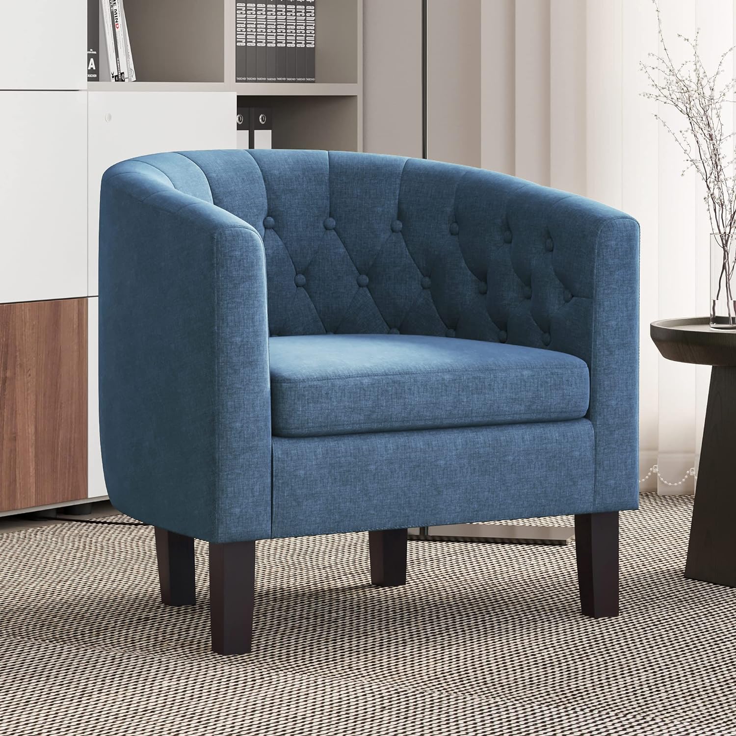 Navy Blue Chairs For Living Room, Arm Chair Upholstered Tufted Barrel