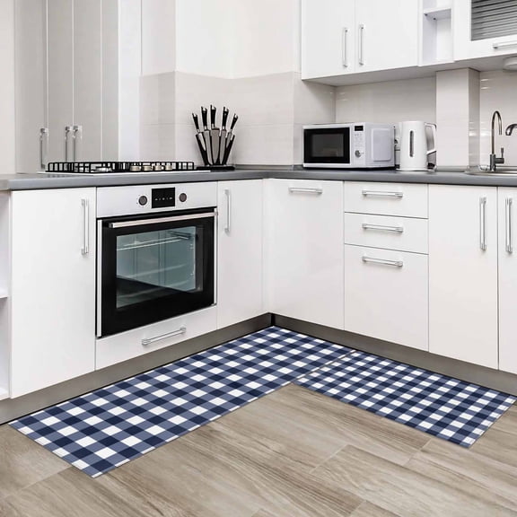 Navy Blue Check 2 Pieces Non-Slip Kitchen Mat Set Farmhouse Buffalo Plaid Blue Soft Door Mat with Rubber Backing,Dirtproof Rugs for Entrance Doorway 15.7x23.6in+15.7x47.2in