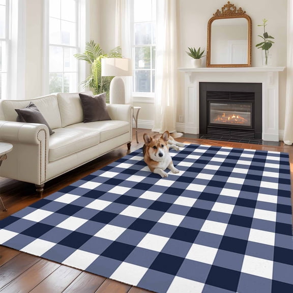 Navy Blue Check Area Rug 5x8 FT, Non Slip Bedroom Throw Carpet, Farmhouse Buffalo Plaid Blue Washable Soft Floor Carpet Non-Shedding Rug for Living Room Nursery Dorm Office