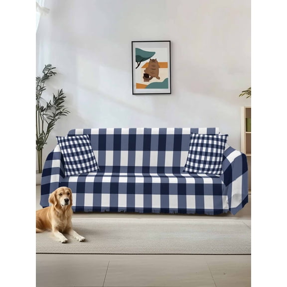 Navy Blue Check Couch Cover, Farmhouse Buffalo Plaid Blue Sofa Cover Blanket for 1 Seat Cushion, Sectional Sofa Slipcover Furniture Protector for Living Room Bedroom 71''x91''