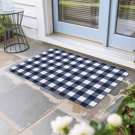 Navy Blue Check Door Mat Indoor Outdoor, Farmhouse Buffalo Plaid Blue Non Slip Welcome Mat with Rubber Backing, Absorbent Fabric Front Door Mats Entryway Rug for Home Patio Entrance 18"x30"