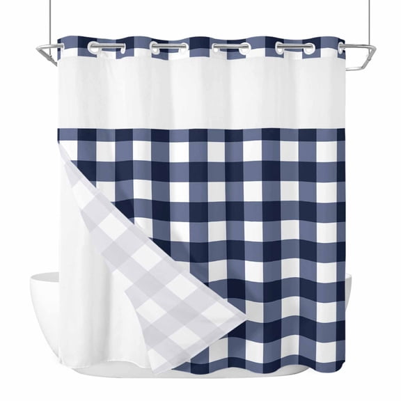 Navy Blue Check No Hook Shower Curtain Waterproof, Bathroom Curtains with Snap in Liners and See Through Top Window, Farmhouse Buffalo Plaid Blue Hotel Style Bathtub Curtains Shower 72"Wx78"L