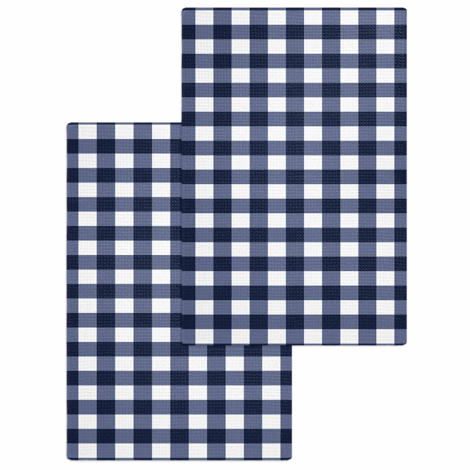 Navy Blue Check Kitchen Dish Towels for Drying Dishes Set of 2, Farmhouse Buffalo Plaid Blue Waffle Weave Microfiber Hand Tea Bathroom Towels Quick Dry & Absorbent Towel 15.7x23.6