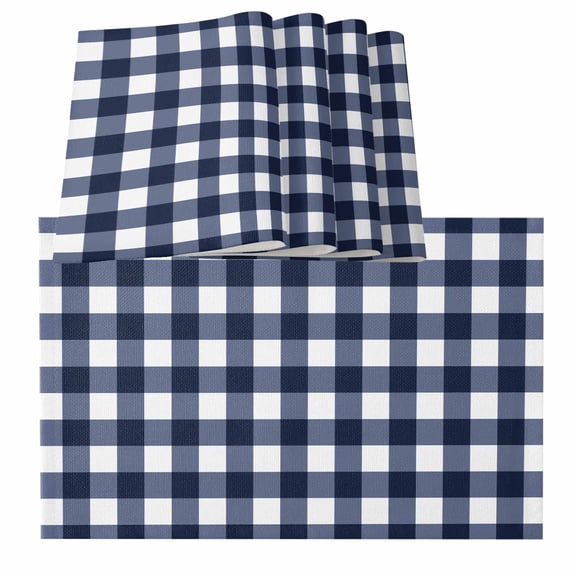 Navy Blue Check Placemats for Dinning Table Set of 6, Farmhouse Buffalo Plaid Blue Burlap Kitchen Place Mats Waterproof Cloth Table Mats, Indoor Outdoor Placemats Easy Clean Dinner Decor