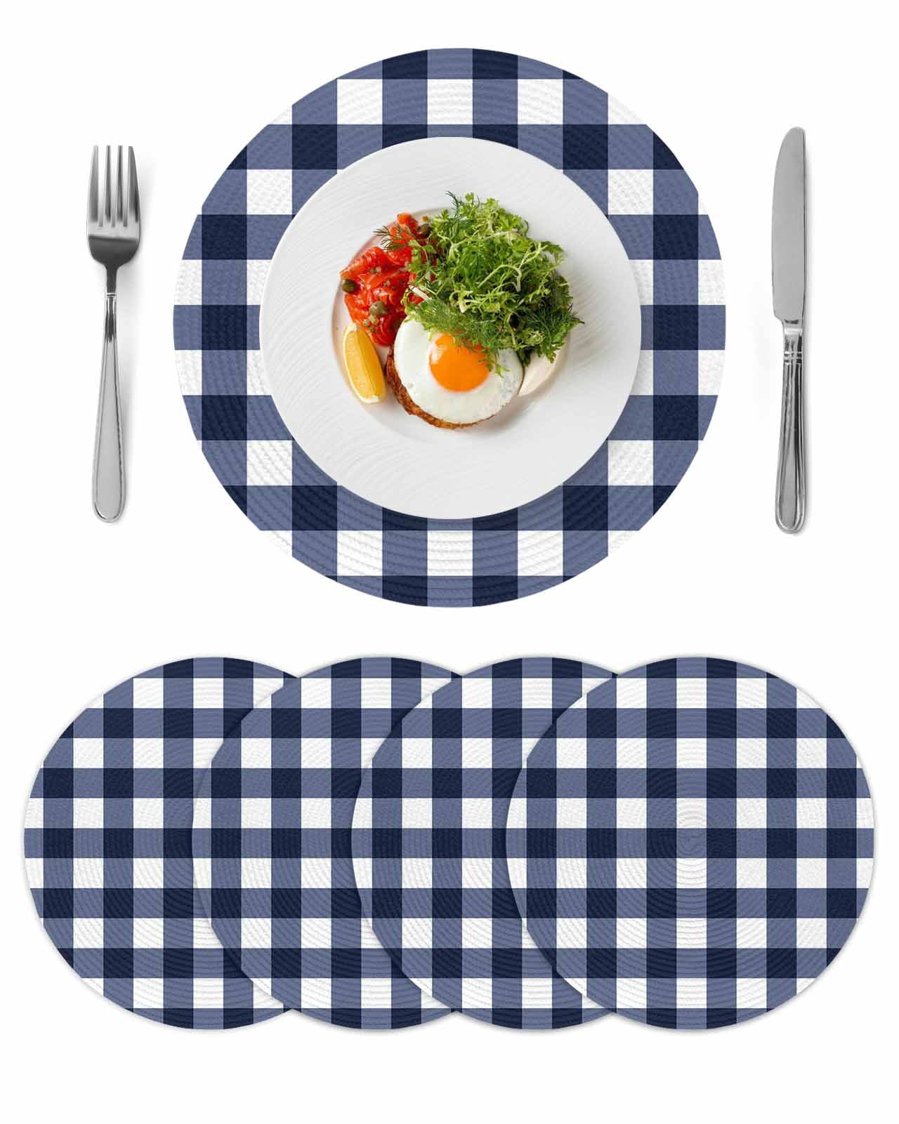 Navy Blue Check Round 13 Inch Placemats Set of 4, Farmhouse Buffalo ...