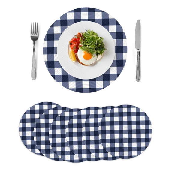 Navy Blue Check Round 13 Inch Placemats Set of 6, Farmhouse Buffalo Plaid Blue HeatResistant Non Slip Place Mats for Dining Table, Wipeable Braided Kitchen Table Mats for Housewarming