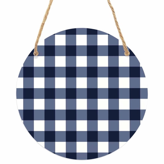 Navy Blue Check Round Front Door Welcome Sign, 5.9 Inch Wall Hanging Decor for Indoor Outdoor, Farmhouse Buffalo Plaid Blue Home Porch Hanger Decorations for Holiday Gift