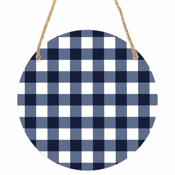 Navy Blue Check Round Front Door Welcome Sign, 7.8 Inch Wall Hanging Decor for Indoor Outdoor, Farmhouse Buffalo Plaid Blue Home Porch Hanger Decorations for Holiday Gift