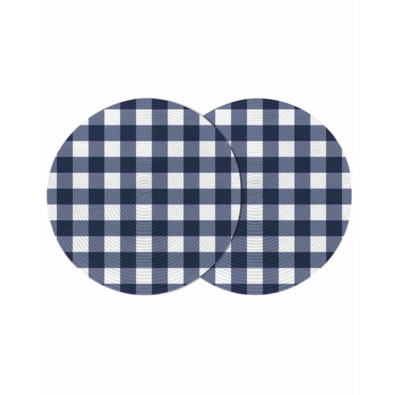 Navy Blue Check Round Placemats Set of 2 for Dinning Tables,Heat-proof Braided Table Mats 13 Inch,Farmhouse Buffalo Plaid Blue Washable Place Mat for Kitchen Restaurant Party Decor Table Setting
