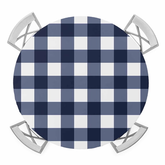 Navy Blue Check Round Tablecloth for 36-44 Inch Tables, Fitted Table Cover with Elastic Edge, Farmhouse Buffalo Plaid Blue Waterproof Outdoor Table Cloth Protector for Patio Garden Dinner Picnic
