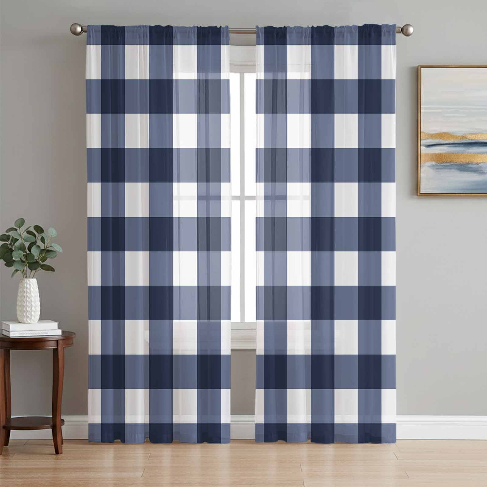 Navy Blue Check Semi Sheer Curtains 96 Inch Length 2 Panels Set ...