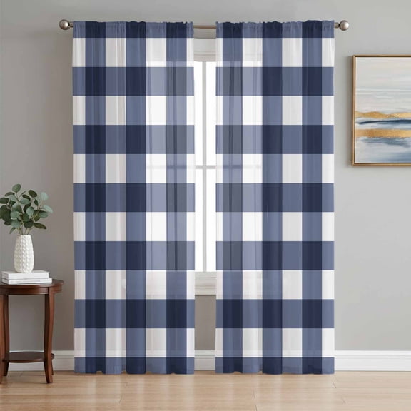 Navy Blue Check Semi Sheer Curtains 96 Inch Length 2 Panels Set, Farmhouse Buffalo Plaid Blue Sheer Kitchen Curtain Privacy Voile Window Curtain for Living Room Bedroom Rod Pocket Drapes