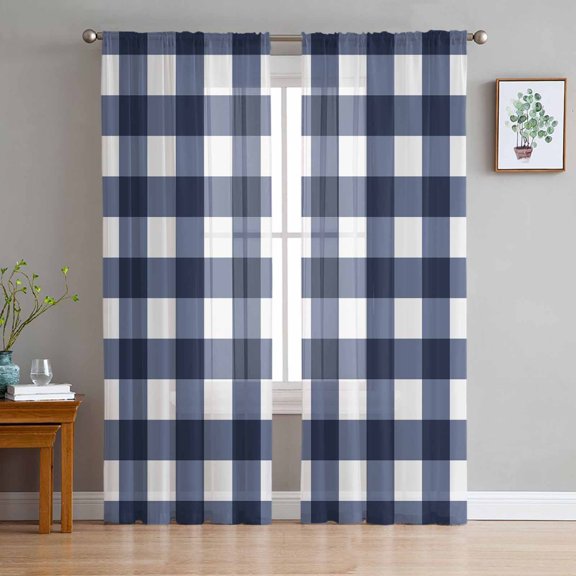 Navy Blue Check Sheer Curtains 63 Inch Length 2 Panels Set for Living Room/Bedroom, Farmhouse Buffalo Plaid Blue Semi Curtain Sheers Drapes Rod Pocket Curtains Window Treatment Set 52''x63''x2