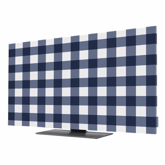 Navy Blue Check TV Cover for 24 Inch Screen, Stretch Fabric Dustproof TV Display Protector, Farmhouse Buffalo Plaid Blue Elastic Slipcover Monitor Cover for Indoor Desktop Computer 20.9"x11.8"