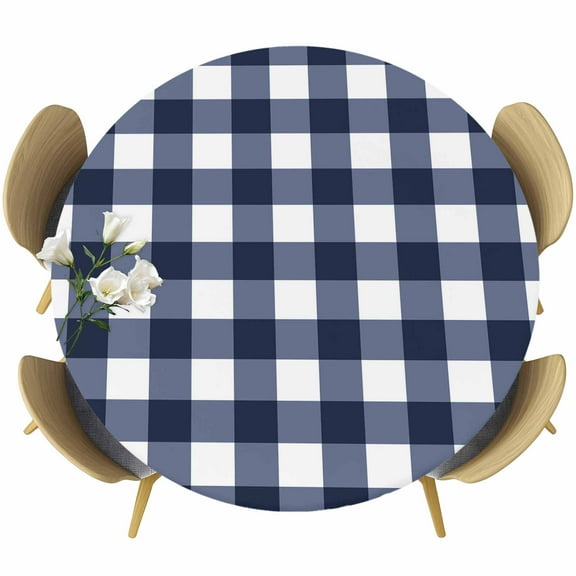 Navy Blue Check Table Cloth, Round Fitted Tablecloths with Elastic Edge, Farmhouse Buffalo Plaid Blue Wipeable Waterproof Table Cover for Kitchen Wedding 36-44 Inches
