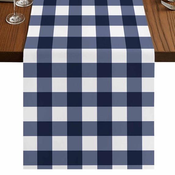Navy Blue Check Table Runner 70 Inches Long, Farmhouse Buffalo Plaid Blue Cotton Linen Table Runners Dresser Scarves, Decorative Fabric Tabletop Scarf Furniture Cover for Home Dinner Party 13"x70"