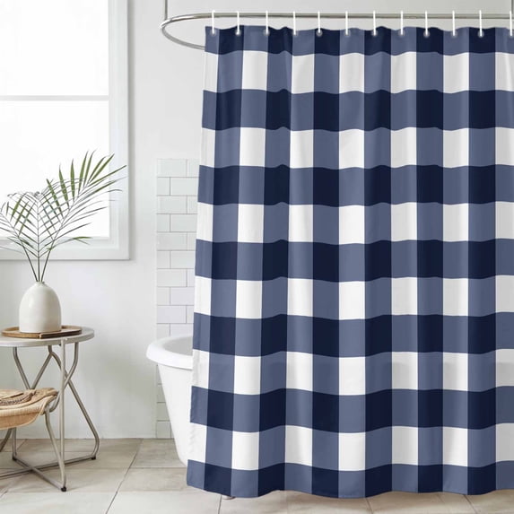 Navy Blue Check Waterproof Fabric Shower Curtain,Farmhouse Buffalo Plaid Blue Waterproof Fabric Shower Curtain for Bathroom Curtains Bathtubs Hotel Shower Curtains with 12 Hooks Standard 66x72