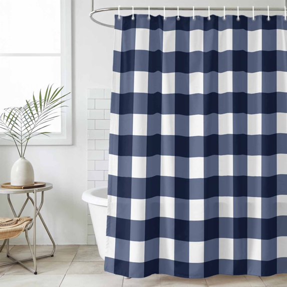 Navy Blue Check Waterproof Shower Curtain, Stall 36"x72" Washable Polyester Fabric Shower Curtains for Bathroom, Farmhouse Buffalo Plaid Blue Decorative Bathtub Curtain Sets with Hooks
