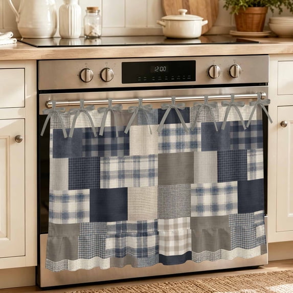 Navy Blue Checked Oven Skirt for Farmhouse Kitchen Décor, Farmhouse Patchwork Plaid Gingham Oven Curtain Tie Top Decorative Stove Skirt, Cabinet Dish Washer Curtains with 8 Ribbon Ties 30"x21.5"