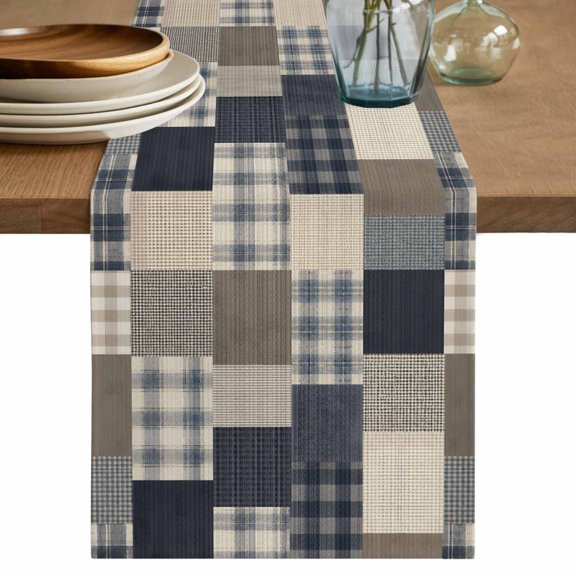 Navy Blue Checked Table Runner, Farmhouse Patchwork Plaid Gingham Washable Table Runners for Kitchen Dining Cafe Decor, Dresser Scarf Holiday Decorations 13x36 Inch