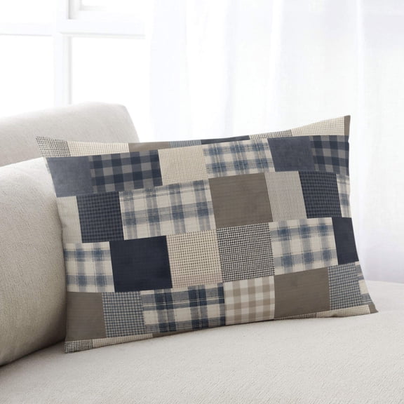 Navy Blue Checked Throw Pillow Covers, Farmhouse Patchwork Plaid Gingham Soft Breathable Pillow Cases with Invisible Zipper for Sleeping, Small Pillowcases for Couch Bed Sofa Chair 16x24 Inches