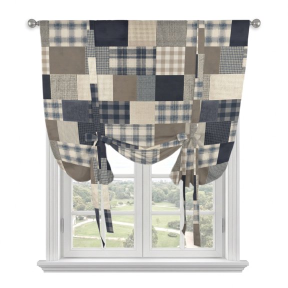 Navy Blue Checked Tie Up Curtains for Window, Thermal Insulated Balloon Shade Adjustable Rod Pocket Curtains Valance Panels for Kitchen Bathroom Cafe 34 x 45 Farmhouse Patchwork Plaid Gingham