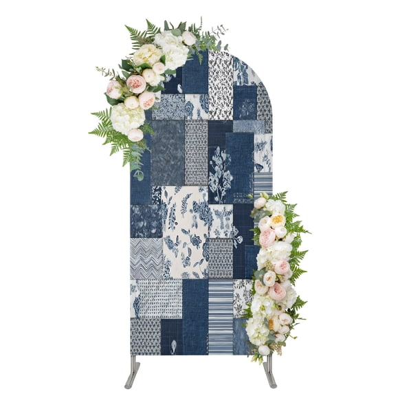 Navy Blue Checkered Arch Backdrop Cover 4FT, Vintage Floral Plaid Aesthetics Spandex Fitted Stretchy Arch Stand Covers, Round Top Chiara Backdrop Cover for Wedding Party Birthday Baby Shower