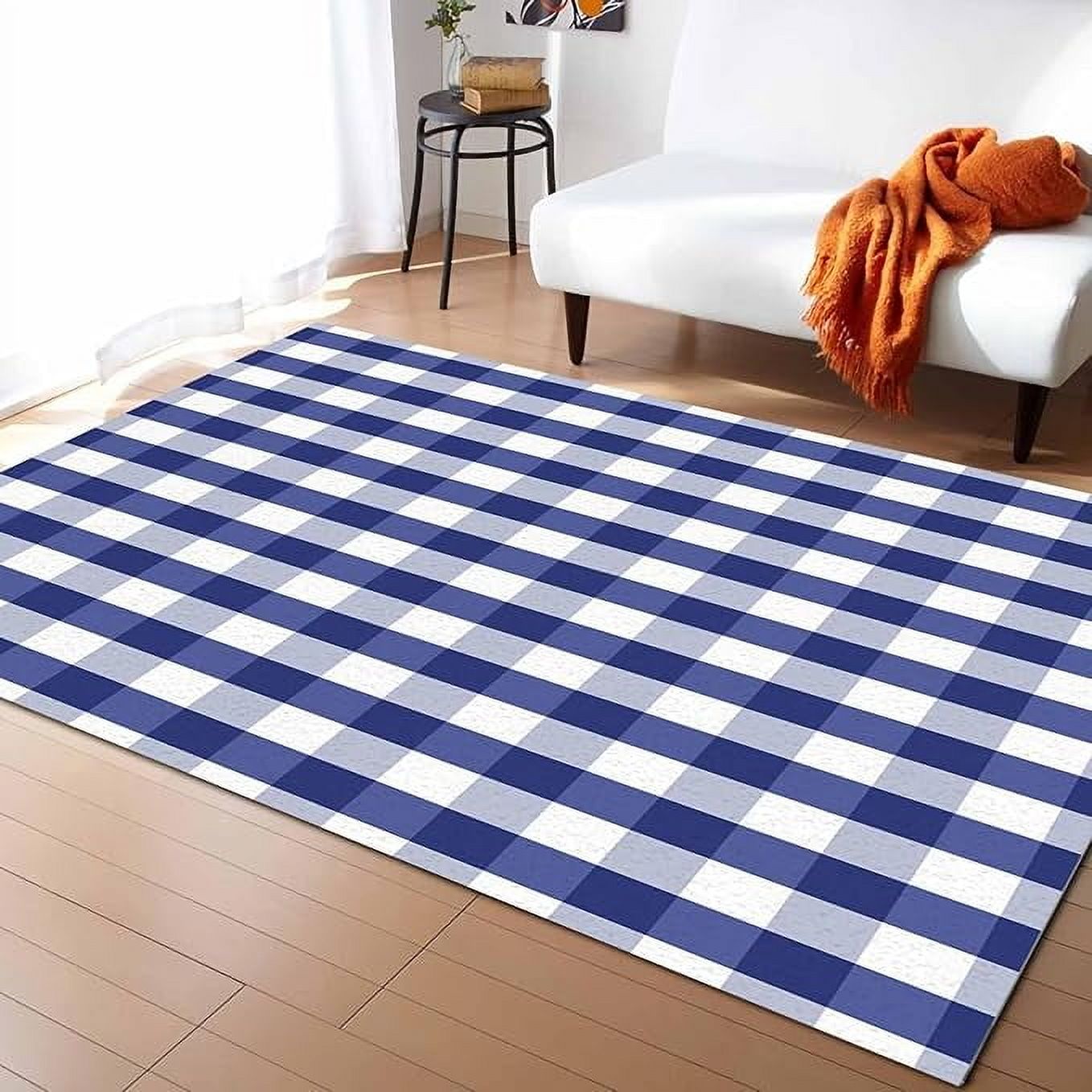 Navy Blue Checkered Area Rugs For Living Room Bedroom, Area Rug Non 