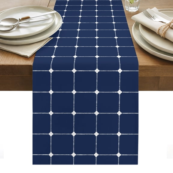 Navy Blue Checkered Cotton Linen Table Runner Modern Minimalist Geometric Grid Lines Plaid Dining Table Runners for Home Decor Party Dining Room Restaurant Kitchen Party 13" x 108"