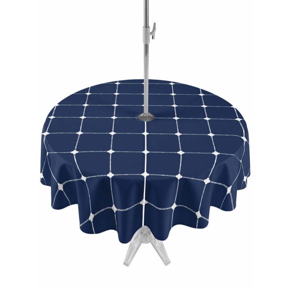 Navy Blue Checkered Round Outdoor Tablecloth with Umbrella Hole Modern Minimalist Geometric Grid Lines Plaid 54 Inch Round Waterproof Table Cover Zippered Table Cloth for Garden Patio
