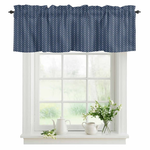 Navy Blue Chevron Stripes Valances for Windows, Rod Pocket Kitchen Valance Curtains - Soft & Washable Small Window Treatment for Living Room, Bathroom, Modern Geometric Texture 54x18inch, 1 Panel