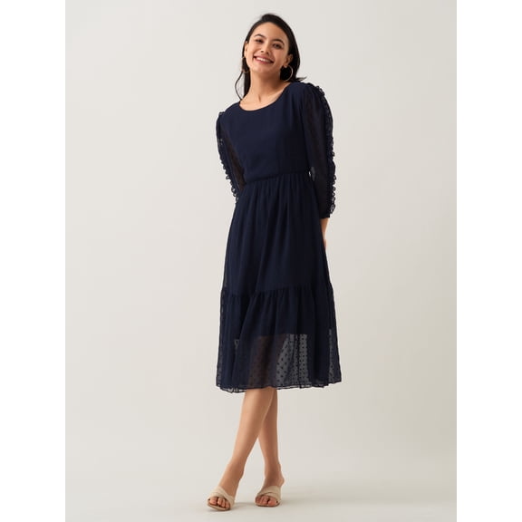 Navy Blue Chiffon Brasso Swiss Dot Round Neck Dress