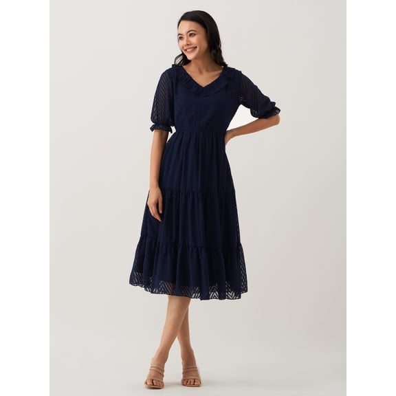 Navy Blue Chiffon Brasso Swiss Dot V-Neck Dress