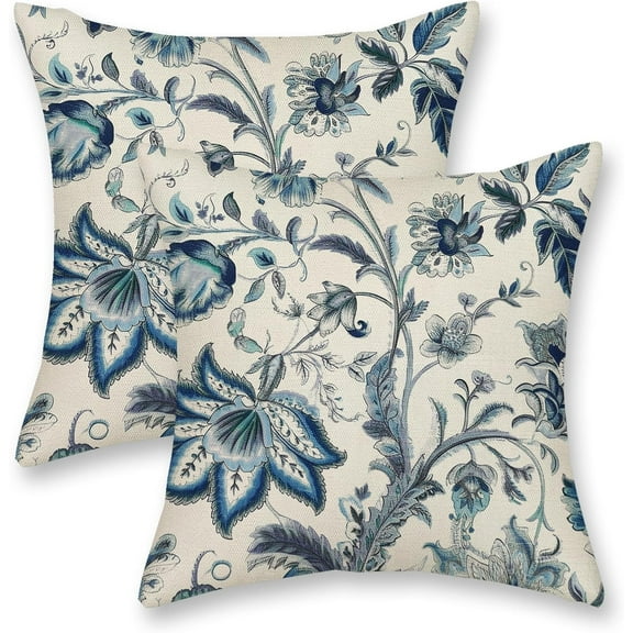 Navy Blue Chinoiserie Pillow Covers 18x18 Inch 2 Pcs Spring Floral Decor Throw Pillows Boho Vintage Flower Summer Seasonal Outdoor Decoration Pillowcase Linen Cushion Cover for Couch Sofa Bed