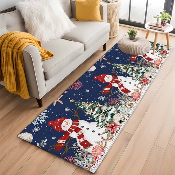 Navy Blue Christmas 2'x6' Runner Rugs for Hallway Kitchen Bedside Non Slip, Snowman Xmas Tree Coastal Snowflake Starfish Entryway Rug Runners with Rubber Backing, Long Carpet Runner for Laundry Room