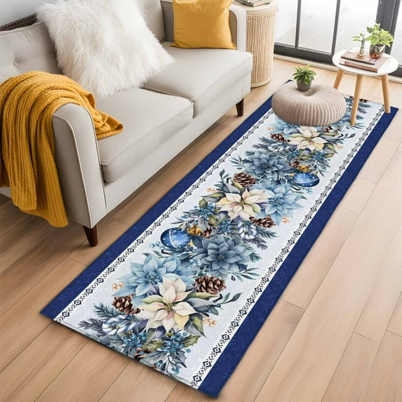 Navy Blue Christmas 2'x6' Runner Rugs for Hallway Kitchen Bedside Non Slip Washable, Poinsettia Xmas Ball Berry Winter Entryway Rug Runners with Rubber Backing, Long Carpet Runner for Laundry Room