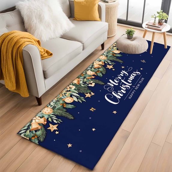 Navy Blue Christmas 2'x6' Runner Rugs for Hallway Kitchen Bedside Non Slip Washable, Xmas Botanical Ball Bell Entryway Rug Runners with Rubber Backing, Long Carpet Runner for Laundry Room