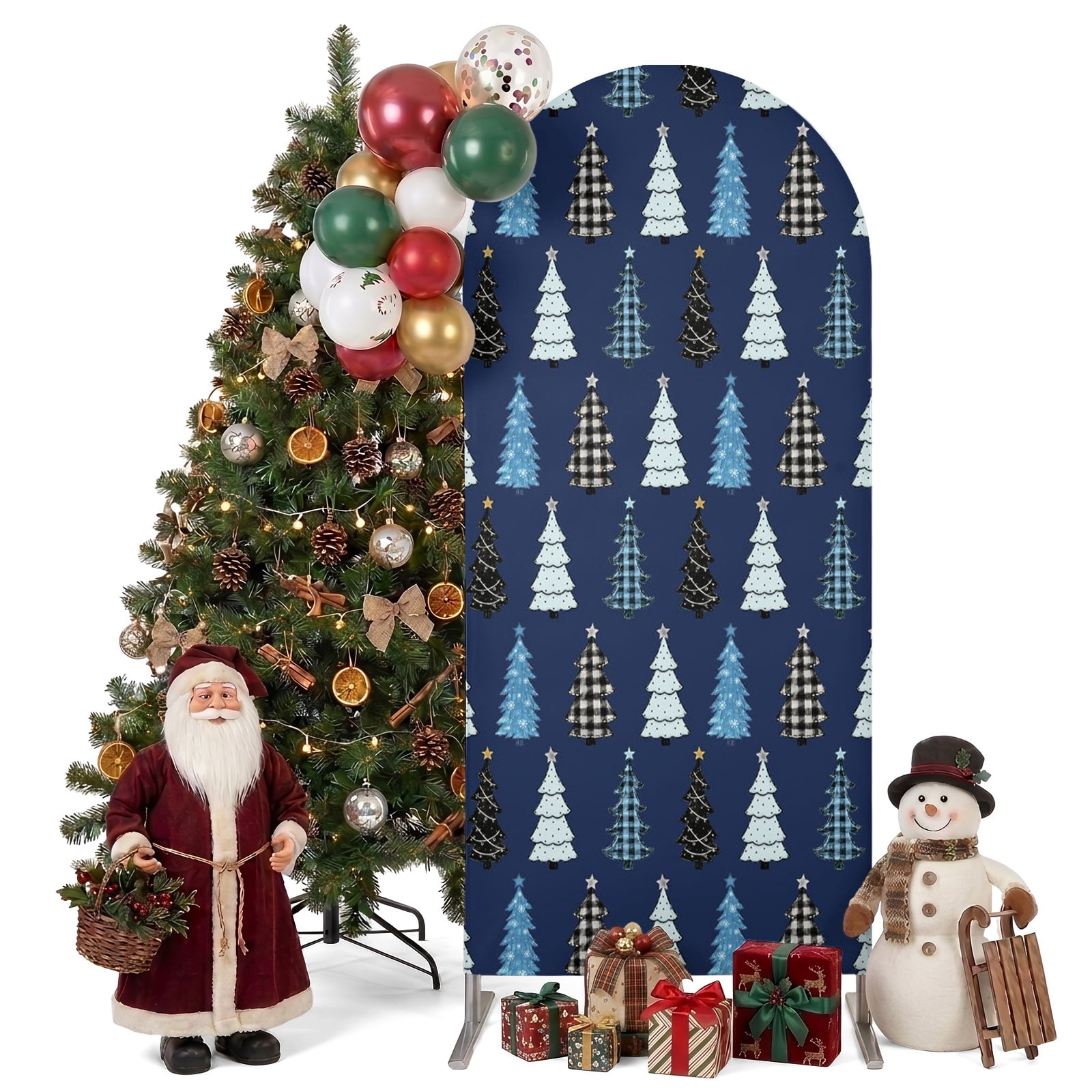 Simple Rustic Arch Navy Blue Christmas Arch Backdrop Cover 5FT, Black White Xmas Trees ...