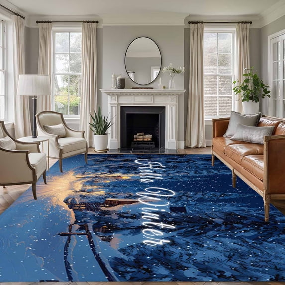 Navy Blue Christmas Area Rugs 8'x10', Washable Small Throw Rugs for Living Room Patio, Xmas Tree Snowflake Winter Forest Indoor Outdoor Rug Non-Slip Low Pile Carpet Runner Reversible Floor Mats