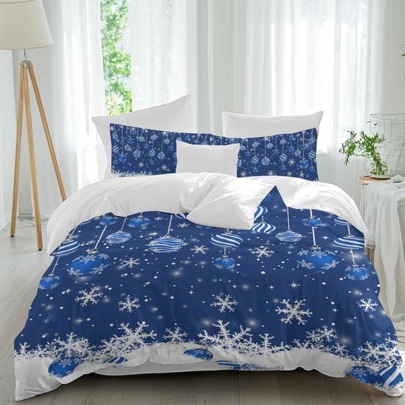 Navy Blue Christmas Balls Comforter Set Queen Size, Winter Xmas Ball Snowflakes Scenery Soft Bedding Set for Man Woman, 4 Pieces Duvet Cover Set with Fitted Sheet, 2 Pillowcases