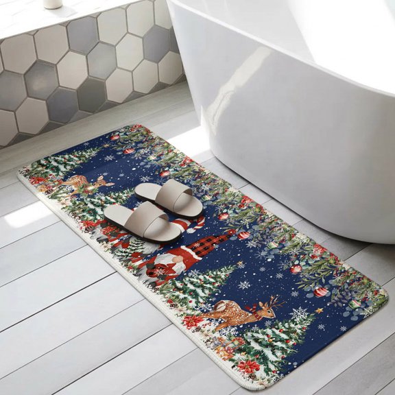 Navy Blue Christmas Bathroom Runner Rugs Non Slip Washable Absorbent Narrow Long Bath Mat Gnomes Xmas Tree Poinsettia Eucalyptus Runner Rugs for Kitchen Hallway Bedroom Laundry Study Room 31.5"x63"