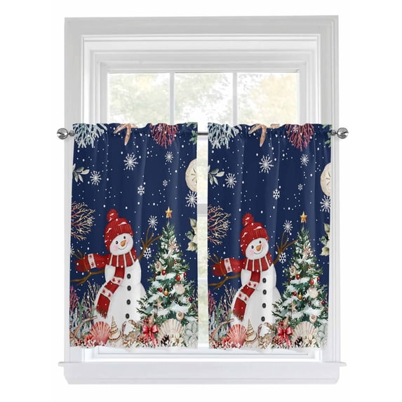 Navy Blue Christmas Bathroom Window Curtain, Snowman Xmas Tree Coastal Snowflake Starfish Light Filtering Coffee Kitchen Curtains, Bedroom Living Room Curtains 2 Panel 84"x54"