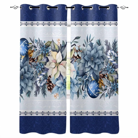 Navy Blue Christmas Blackout Curtains 39 Inches Long, Poinsettia Xmas Ball Berry Winter Thermal Insulated Black Out Curtains, Short Darkening Window Curtain Drapes for Cafe Bedroom 27.5"x39" 2 Panels