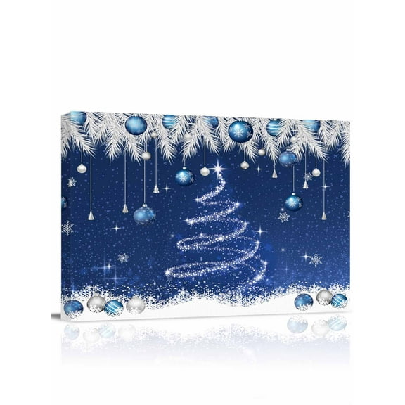 Navy Blue Christmas Canvas Print Wall Art Shiny Star Tree Xmas Balls Snow Pine Leaf Pictures Painting Morden Artwork for Living Room Bedroom, Ready to Hang - 12"x16"