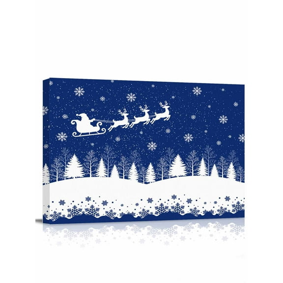 Navy Blue Christmas Canvas Print Wall Art Xmas Reindeer Tree Winter Snowflake Pictures Painting Morden Artwork for Living Room Bedroom, Ready to Hang - 12"x16"