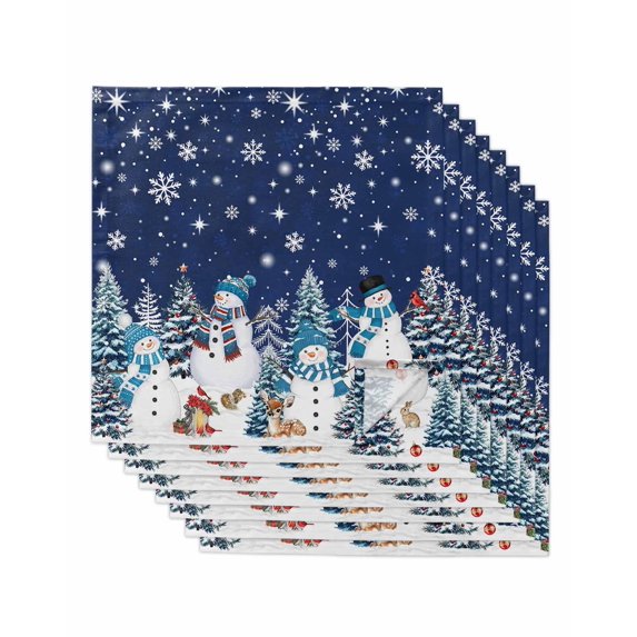 Navy Blue Christmas Cloth Napkins Set of 8 Reusable Dinner Napkins, Snowman Xmas Tree Snowflake Winter Cocktail Napkin Washable Table Napkins for Wedding/Holiday Party/Baby Shower 20"x20"