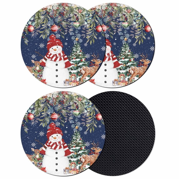 Navy Blue Christmas Coasters Set of 4, Absorbent Coasters for Drinks, Snowman Xmas Tree Poinsettia Eucalyptus Coaster for Desk Coffee Table Protection, Home Decor House Warming Gifts 4"