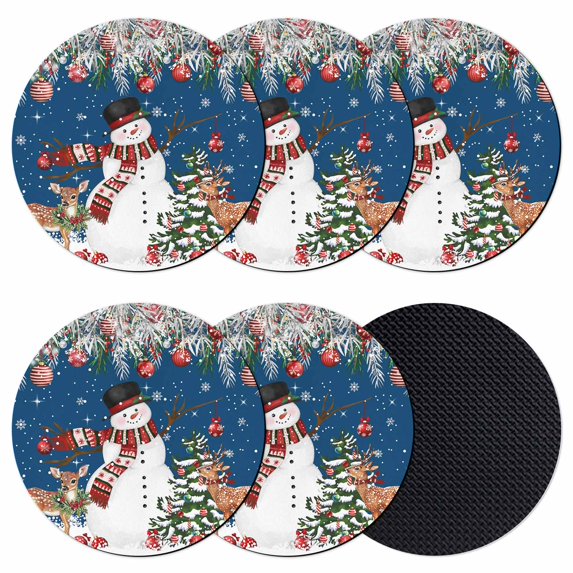 Navy Blue Christmas Coasters Set of 6, Absorbent Coasters for Drinks, Snowman Xmas Tree Ball Elk Snowflake Coaster for Desk Coffee Table Protection, Home Decor House Warming Gifts 4"