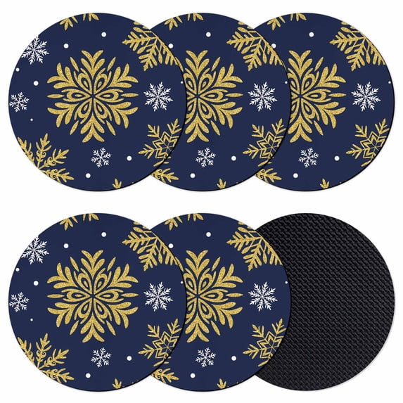 Navy Blue Christmas Coasters Set of 6, Absorbent Coasters for Drinks, Winter Xmas Snowflakes Textured Coaster for Desk Coffee Table Protection, Home Decor House Warming Gifts 4"