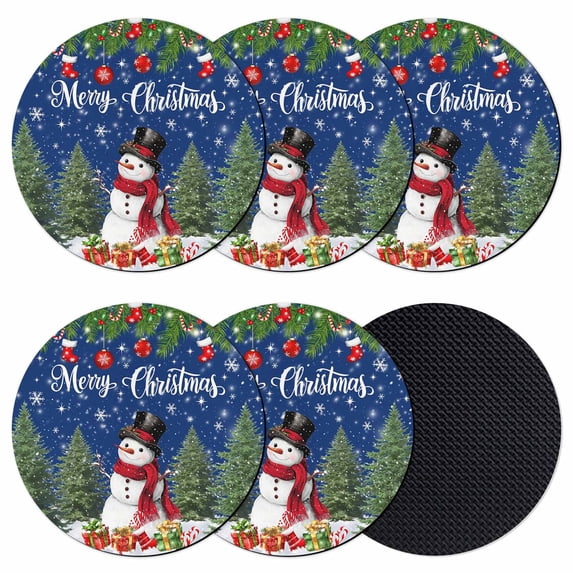Navy Blue Christmas Coasters Set of 6, Absorbent Coasters for Drinks, Xmas Tree Ball Snowflake Winter Gifts Coaster for Desk Coffee Table Protection, Home Decor House Warming Gifts 4"